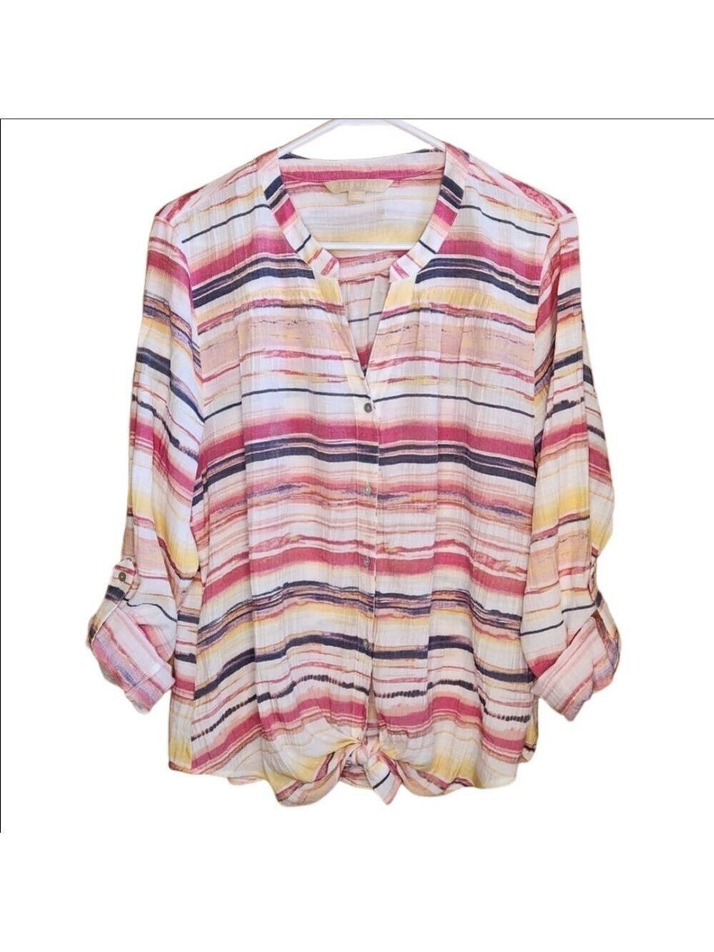 HOPE AND HARLOW MULTI COLOR STRIPE BUTTON DOWN TIE BOTTOM V NECK BLOUSE TOP XL